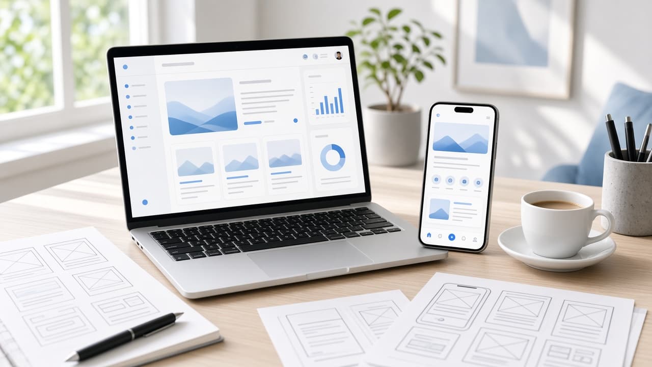 Wireframes of a web dashboard and a mobile app