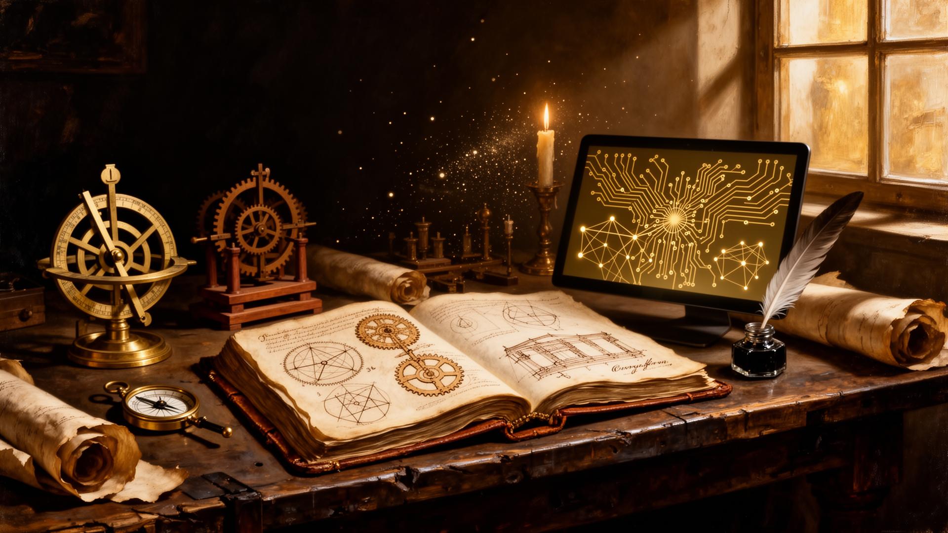 Renaissance atelier — codex, brass astrolabe, gears, and a softly glowing screen of golden circuit traces